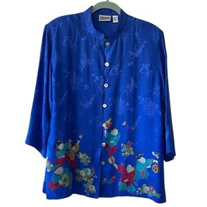 Chico’s Design Silk Royal Blue Asian Print Button Down Blouse 3/4 Sleeve Size 2